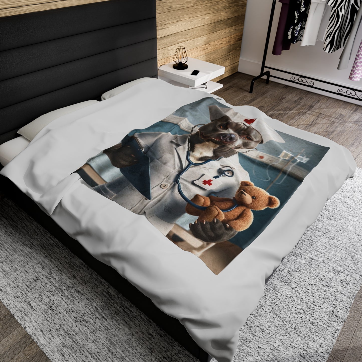 Cute Funny Nurse Doctor PitBull Dog Velveteen Plush Blanket, Dog themed bedding design, Beautiful Dog Cozy throw, Dog lovers kids Decor