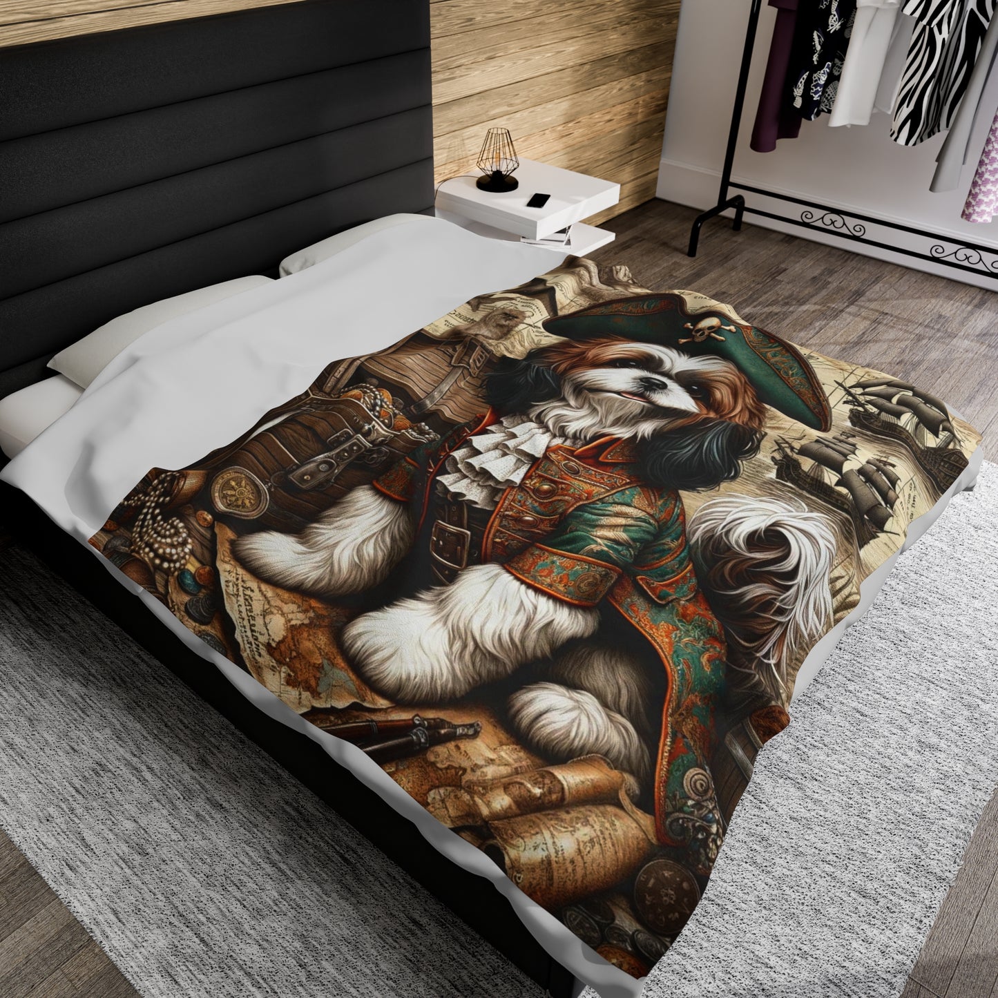 Cute  Shih Tzu Dog Pirate-Themed Velveteen Plush Blanket -  Soft Throw,  Unique Dog Print Design - Cozy Home Decor & Gift Idea"