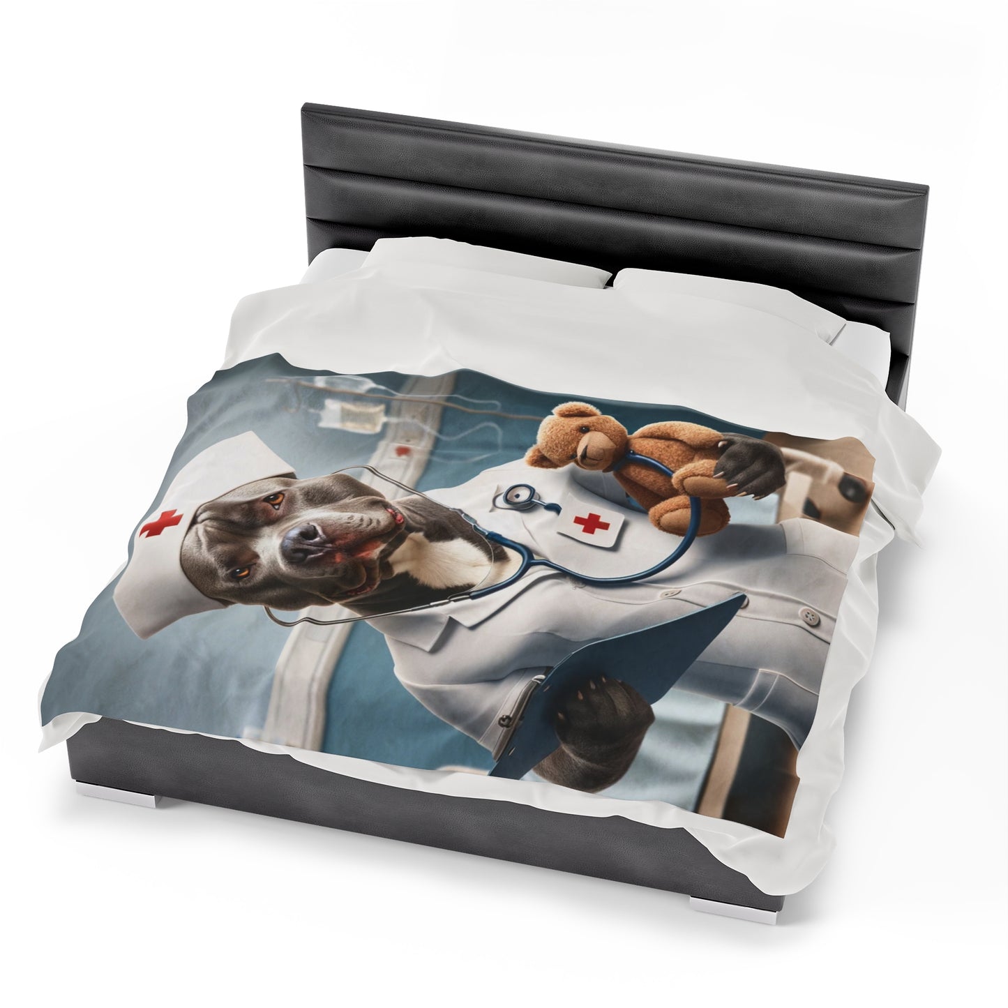 Cute Funny Nurse Doctor PitBull Dog Velveteen Plush Blanket, Dog themed bedding design, Beautiful Dog Cozy throw, Dog lovers kids Decor